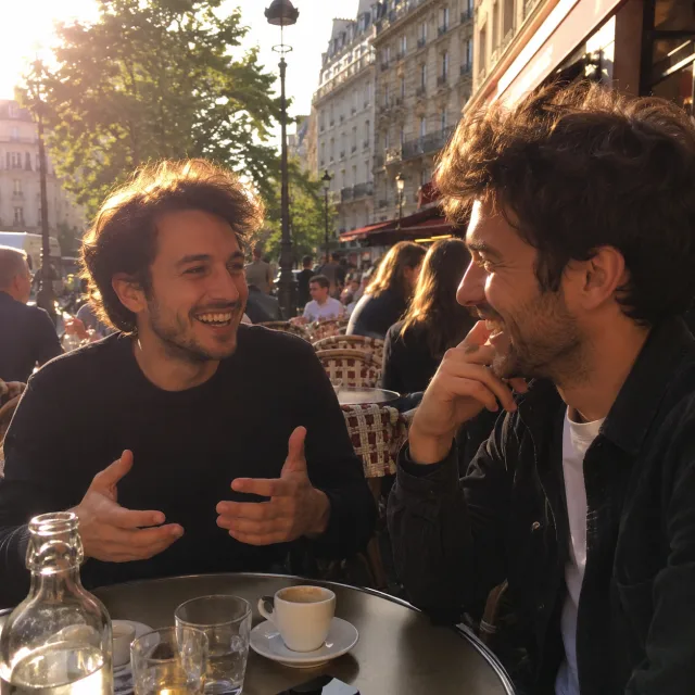 Deux amis en pleine conversation à une terrasse de café parisien