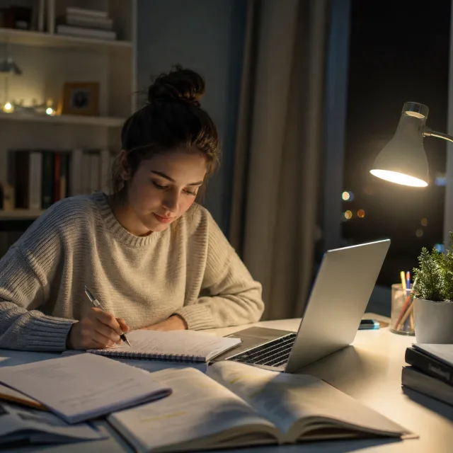 Une personne étudie sereinement le soir, carnets et ordinateur